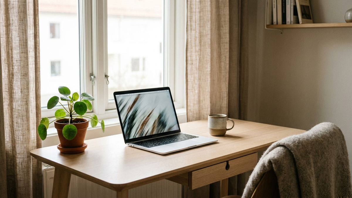 Escritorio de estudio en casa con ordenador portátil y una planta, sin impresora a la vista