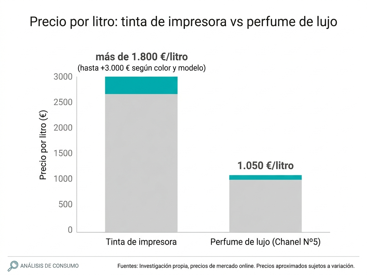 Infografía comparando el precio por litro de la tinta de impresora HP, Canon y Epson frente al perfume de lujo