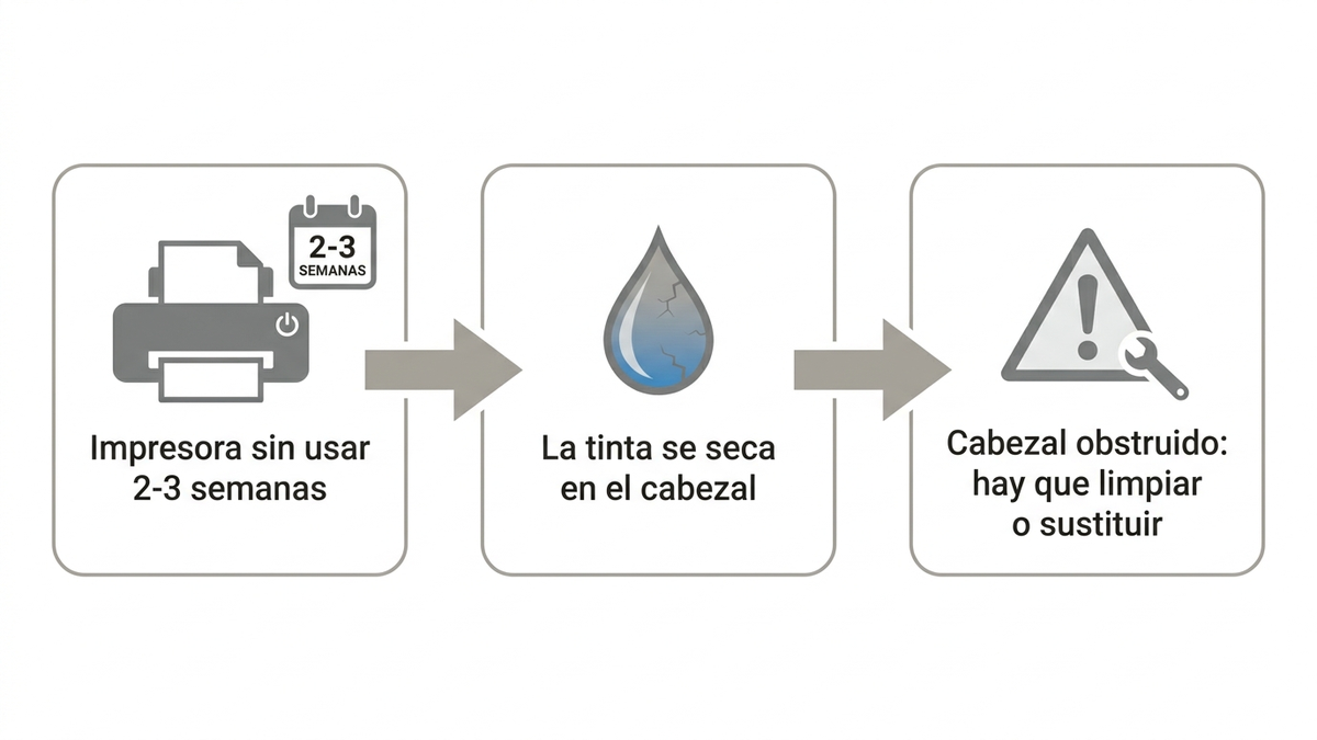 Diagrama mostrando cómo se seca y obstruye un cabezal de tinta líquida tras varias semanas sin imprimir