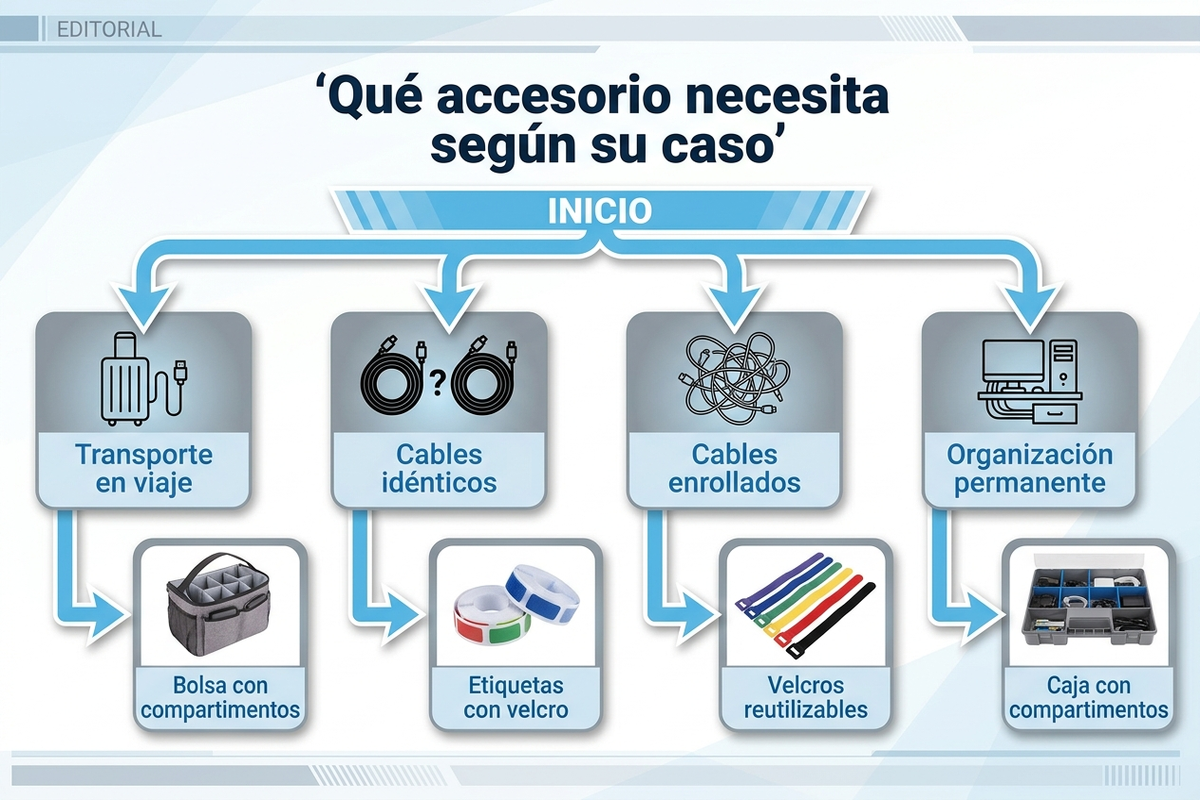 Infografía en español con un árbol de decisión para elegir el accesorio de organización de cables según la necesidad: transporte de viaje, identificación de cables similares o almacenamiento permanente en el cajón