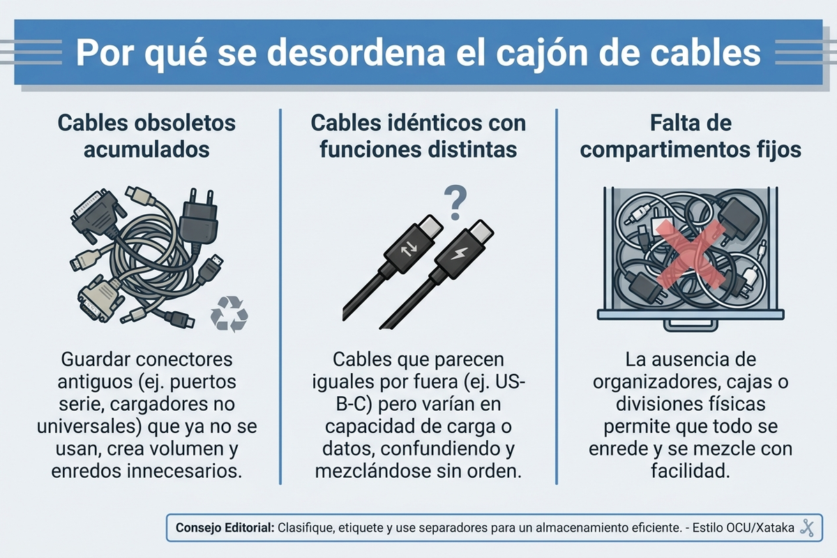 Infografía en español que compara tres causas del desorden en el cajón de cables: acumulación de cables obsoletos, cables visualmente idénticos y falta de compartimentos fijos