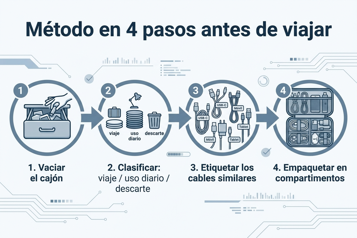 Diagrama de flujo en español con los 4 pasos para organizar el cajón de cables antes de un viaje: vaciar, clasificar, empaquetar y verificar con lista de comprobación