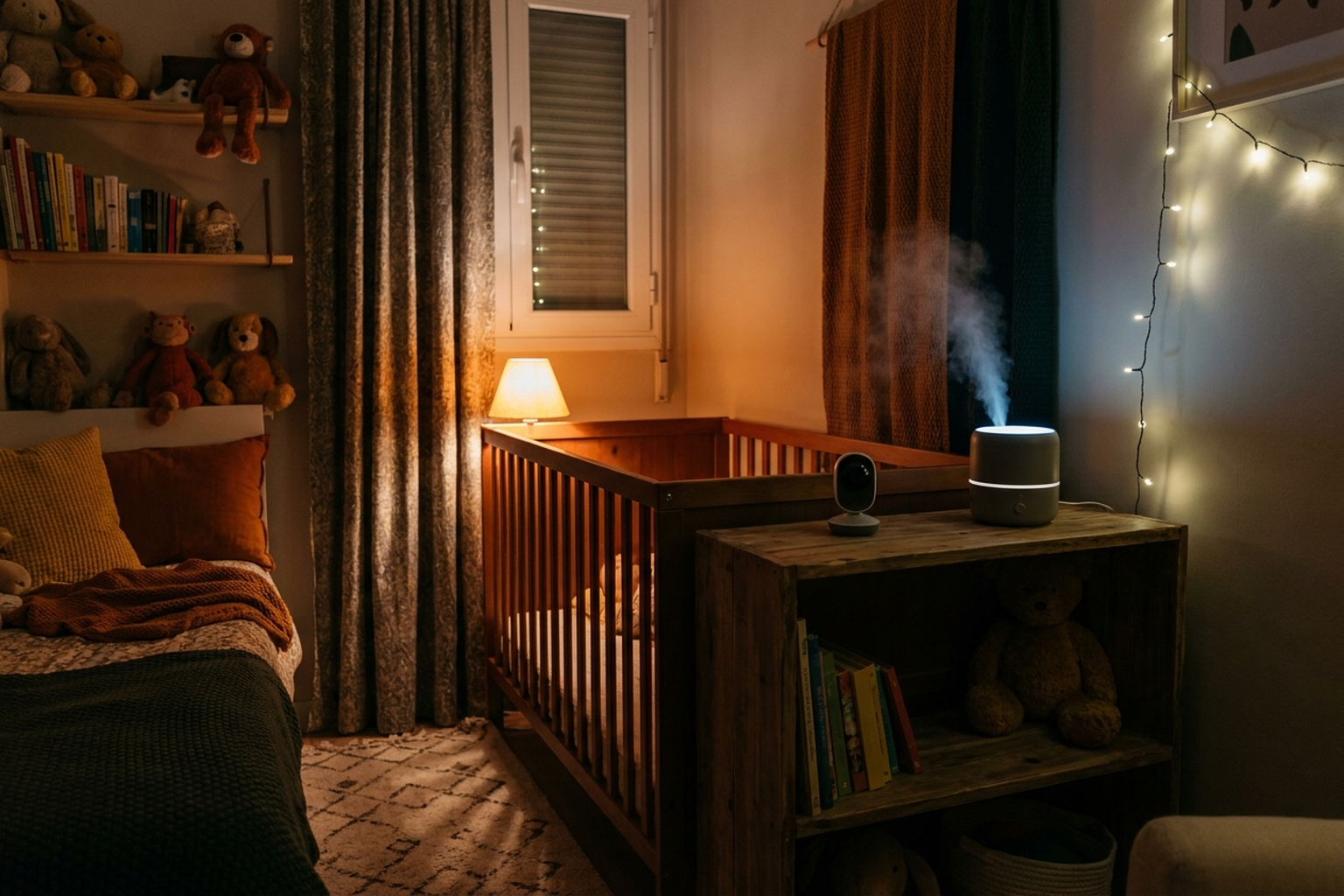 Habitación de bebé por la noche con una cuna, luz cálida y un humidificador en funcionamiento sobre una cómoda