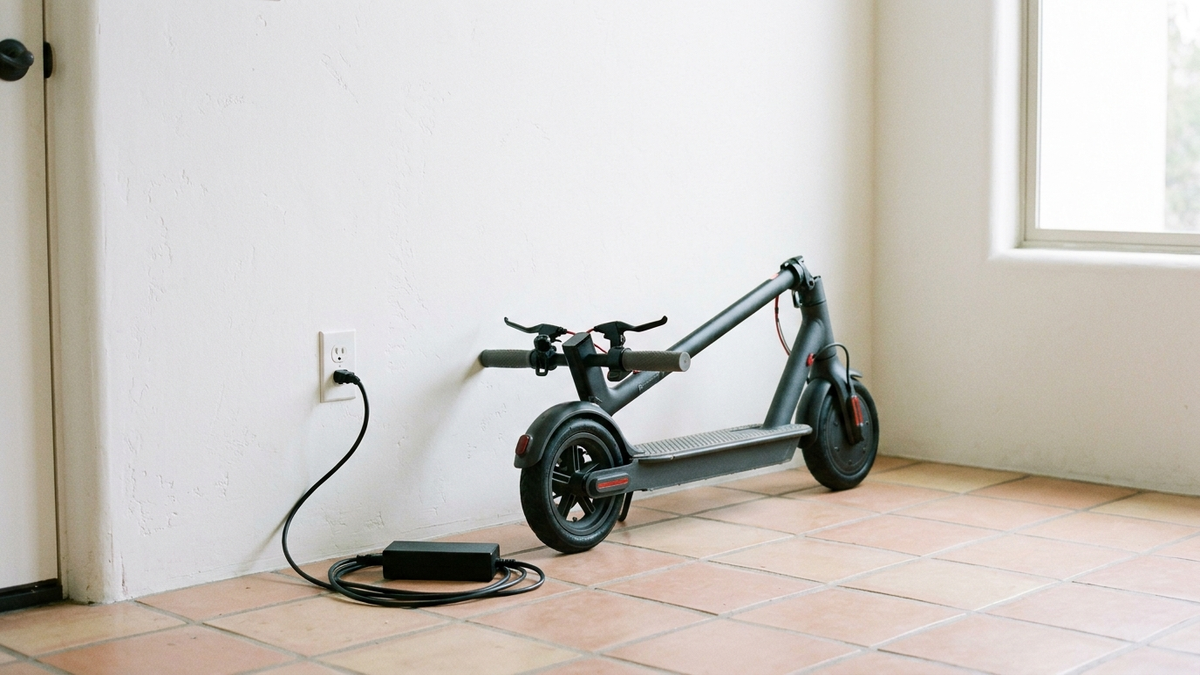 Patinete eléctrico plegado apoyado contra una pared junto a su cargador, en una entrada de vivienda, sin personas visibles