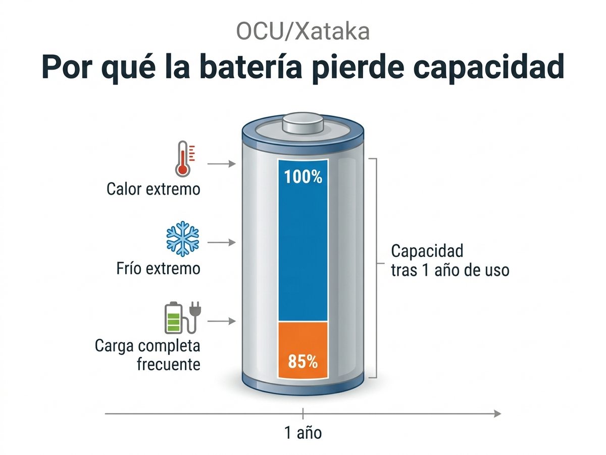 Infografía en español con una celda de batería de litio y una barra descendente que muestra la pérdida de capacidad del 100% al 85% tras un año, junto a iconos de calor, frío y carga completa como factores acelerantes