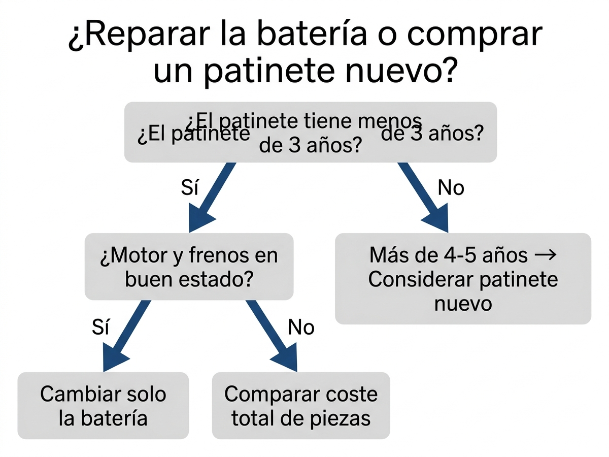 Árbol de decisión en español con los pasos para decidir si conviene cambiar la batería del patinete o comprar uno nuevo, según la edad del vehículo, el estado del motor y el coste de la batería de repuesto