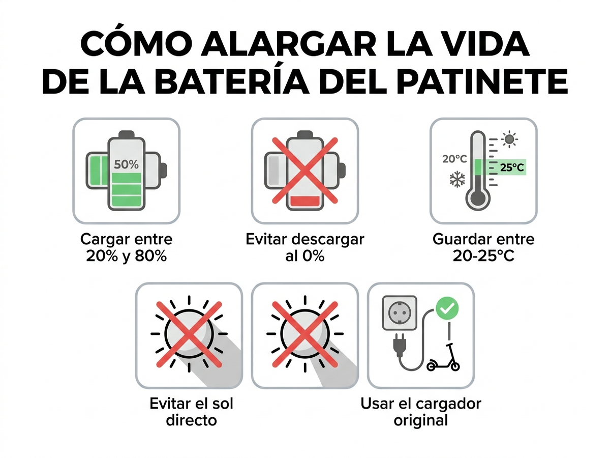 Infografía en español con cinco iconos de buenas prácticas para alargar la vida de la batería del patinete: cargar entre el 20% y el 80%, evitar descargar al 0%, guardar entre 20-25°C, evitar el sol directo y usar el cargador original