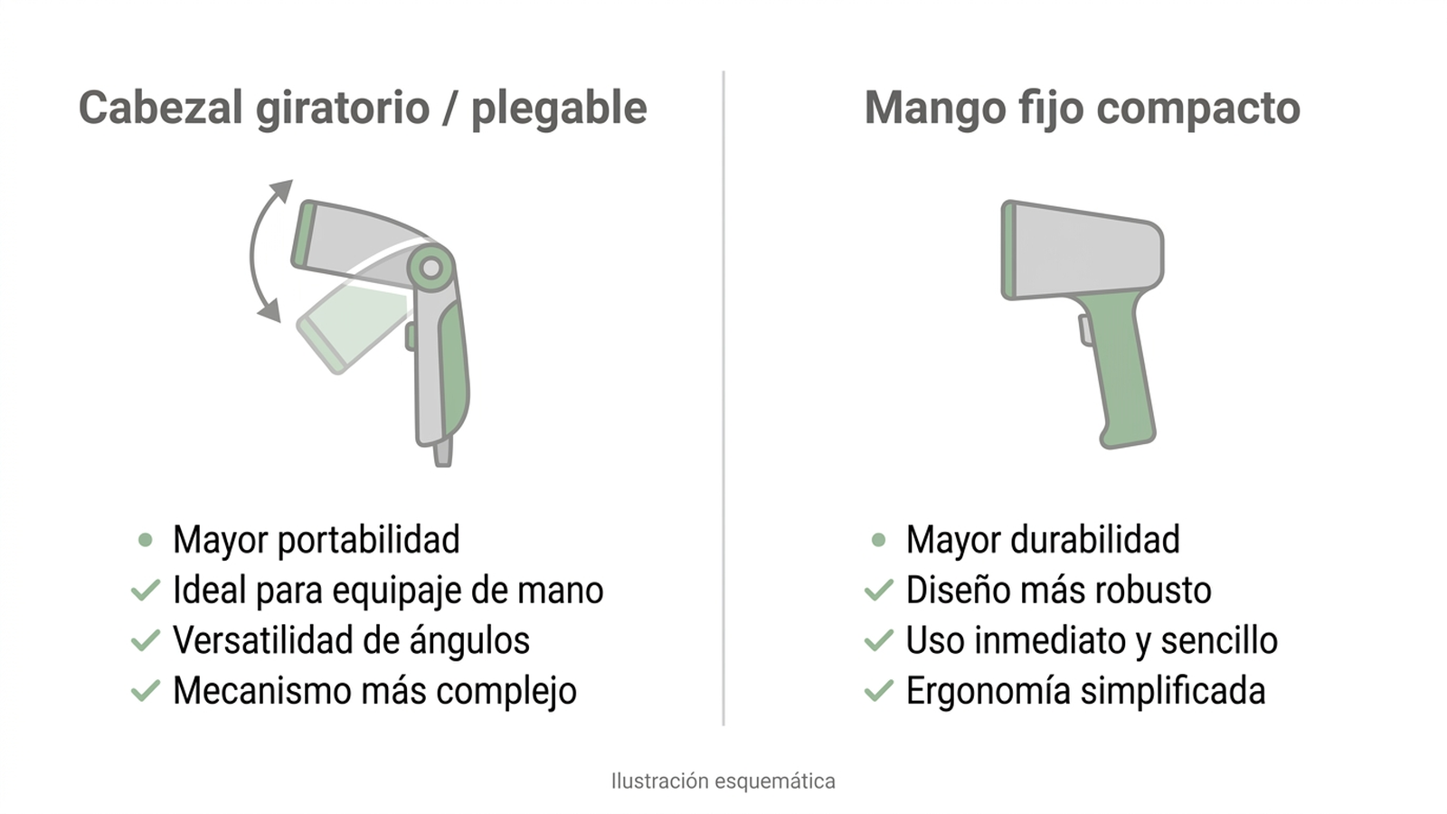 Infografía en español comparando el enfoque de cabezal giratorio plegable frente al enfoque de mango fijo en planchas de vapor vertical de viaje