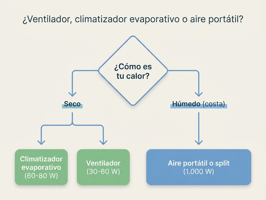 Árbol de decisión entre ventilador, climatizador evaporativo y aire portátil