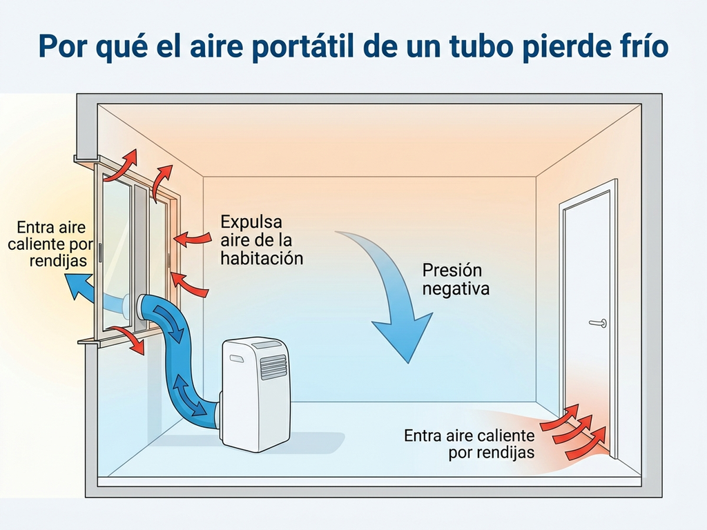 Diagrama de por qué un aire portátil de un solo tubo pierde frío por la entrada de aire caliente