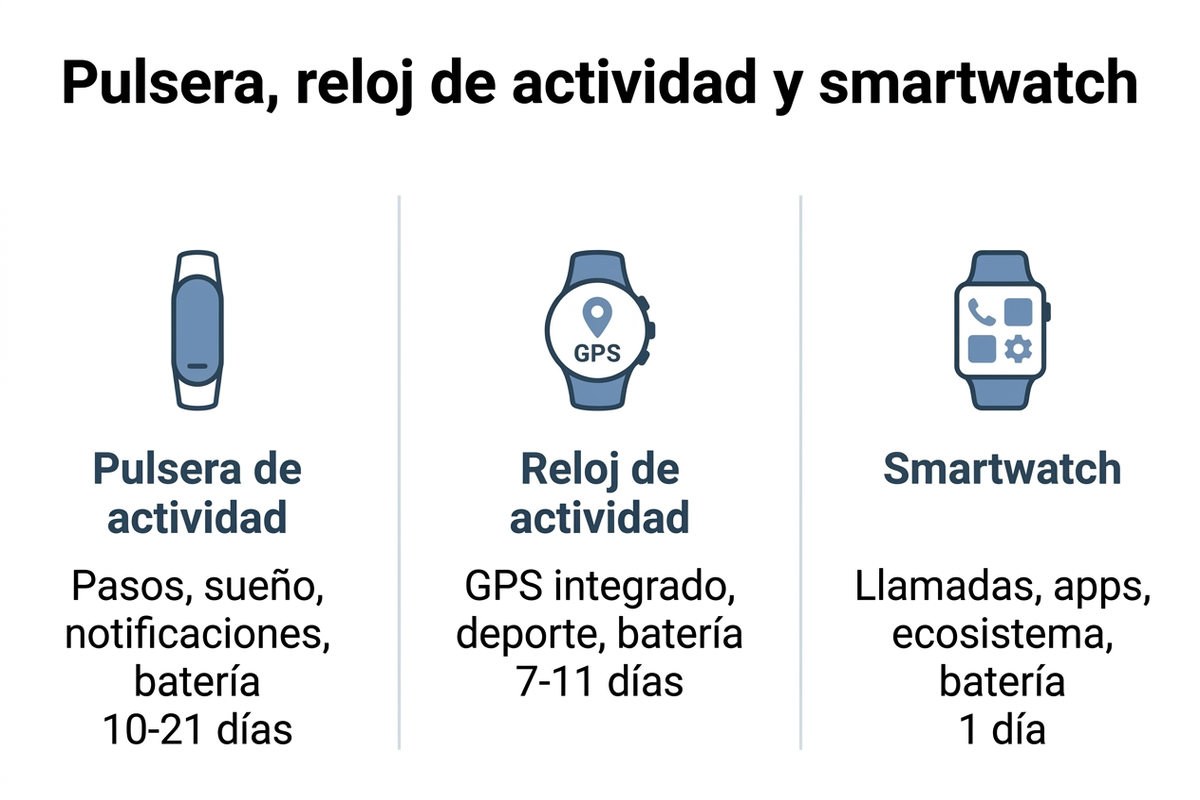 Infografía: pulsera de actividad, reloj de actividad y smartwatch, qué hace cada categoría