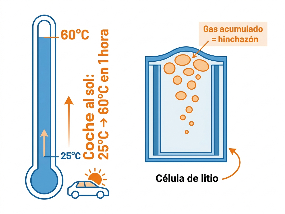 Infografía en español que muestra un termómetro con la temperatura interior de un coche al sol subiendo de 25 a 60 grados en una hora, junto al esquema de una celda de litio liberando gas