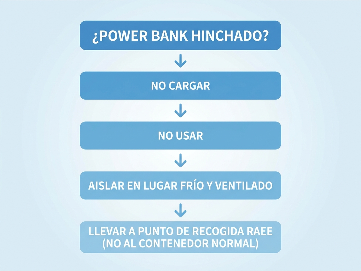 Árbol de decisión en español con los pasos a seguir si un power bank está hinchado: no cargar, no usar, aislar en lugar ventilado y frío, y llevarlo a un punto de reciclaje sin tirarlo a la basura normal