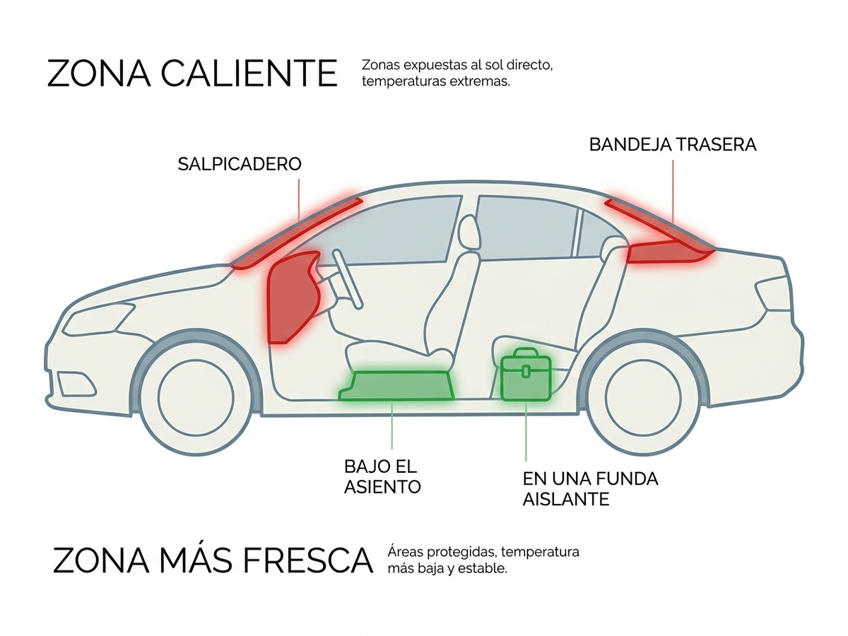 Diagrama en español con un esquema del interior de un coche marcando en rojo los puntos más calientes al sol (salpicadero y bandeja trasera) y en verde los lugares más frescos (bajo el asiento, en una nevera portátil o funda aislante)