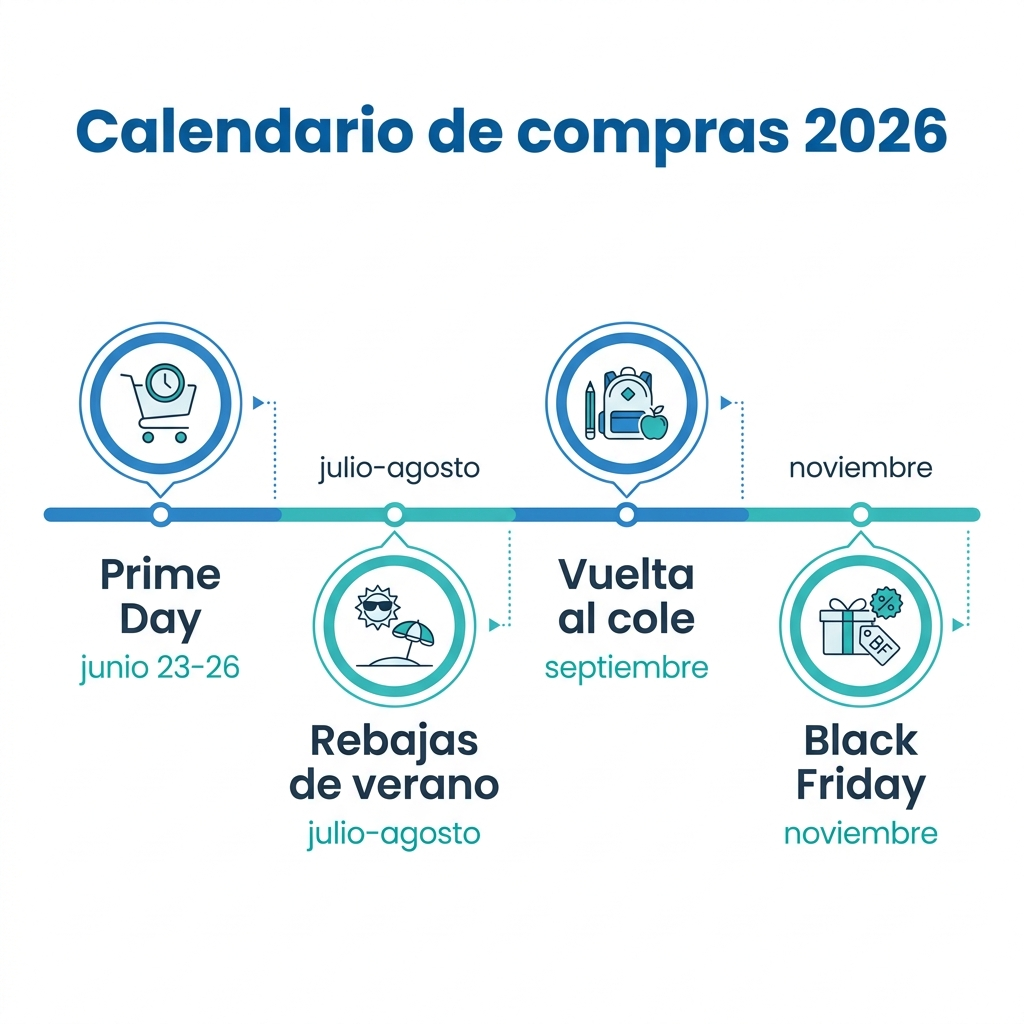 Calendario de compras 2026 en España con las principales ventanas de descuento: Prime Day junio, rebajas de verano julio y agosto, vuelta al cole septiembre y Black Friday noviembre