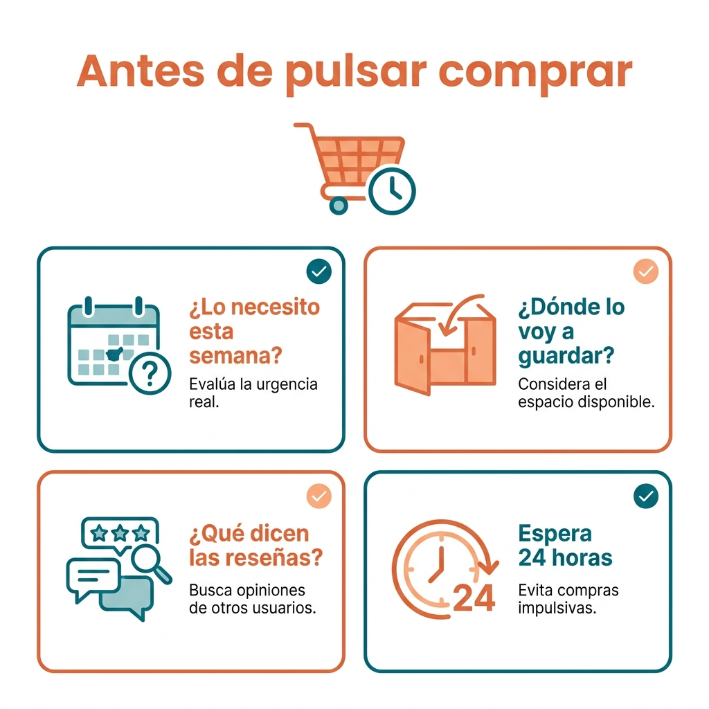 Infografía con cuatro preguntas para frenar la compra impulsiva antes de pulsar comprar: lo necesito esta semana, dónde lo guardaré, qué dicen las reseñas agregadas y si esperaré 24 horas