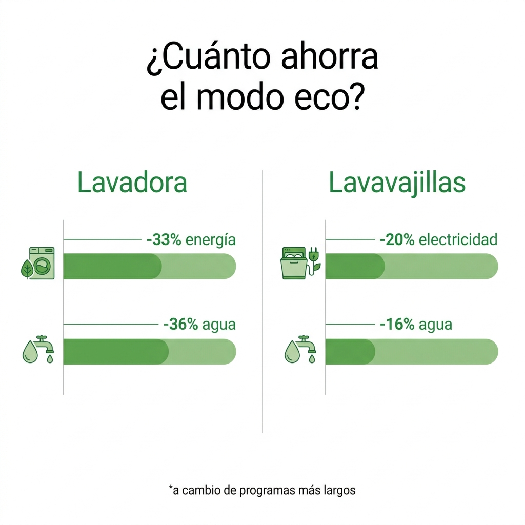 Infografía comparativa del ahorro del modo eco según la OCU: en lavadora hasta un 33 por ciento menos de energía y un 36 por ciento menos de agua por ciclo; en lavavajillas un 20 por ciento menos de electricidad y un 16 por ciento menos de agua, a cambio de programas más largos