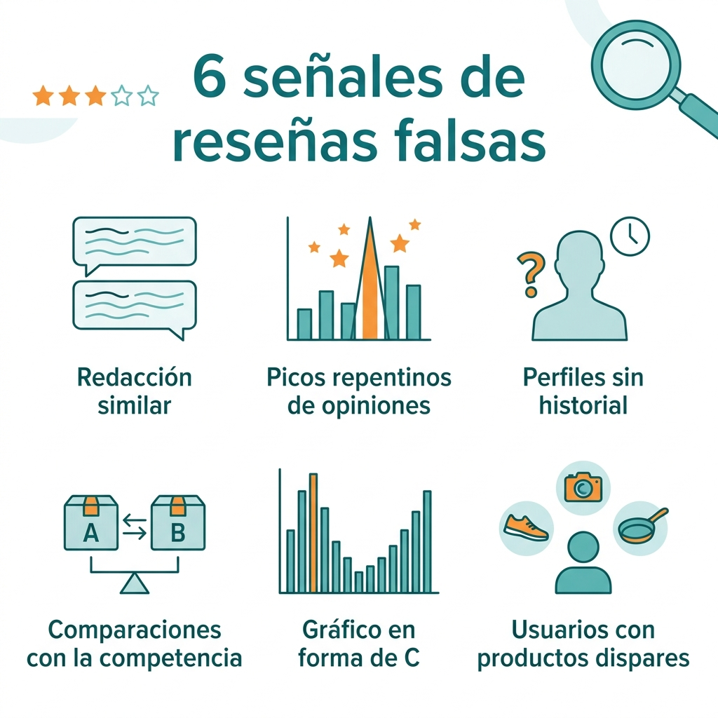 Infografía con seis señales para detectar reseñas falsas en Amazon: redacción similar entre opiniones, picos repentinos de valoraciones, perfiles sin historial, comparaciones con la competencia, gráfico de notas en forma de C y usuarios que evalúan productos muy dispares