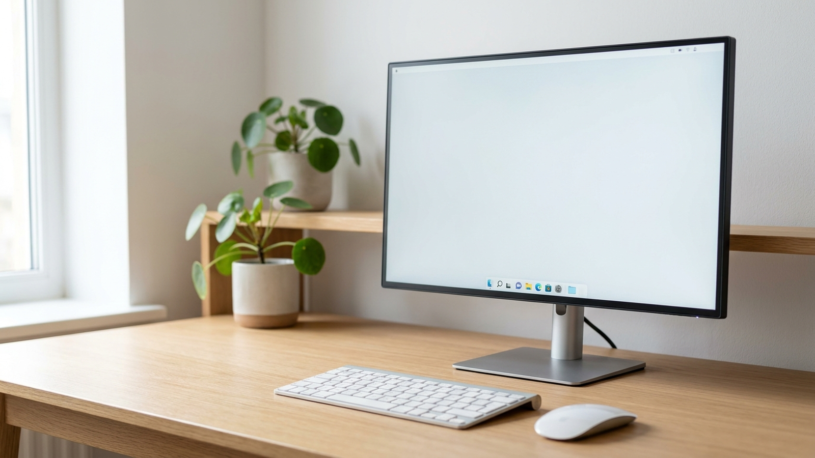 Monitor moderno de borde fino sobre un escritorio de home office ordenado, con teclado y ratón minimalistas y luz natural suave