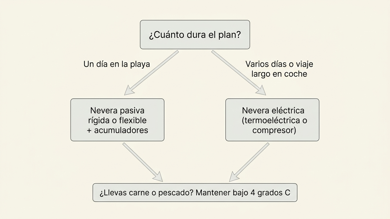 Árbol de decisión: un día en la playa lleva a nevera pasiva con acumuladores; varios días o viaje en coche, a nevera eléctrica