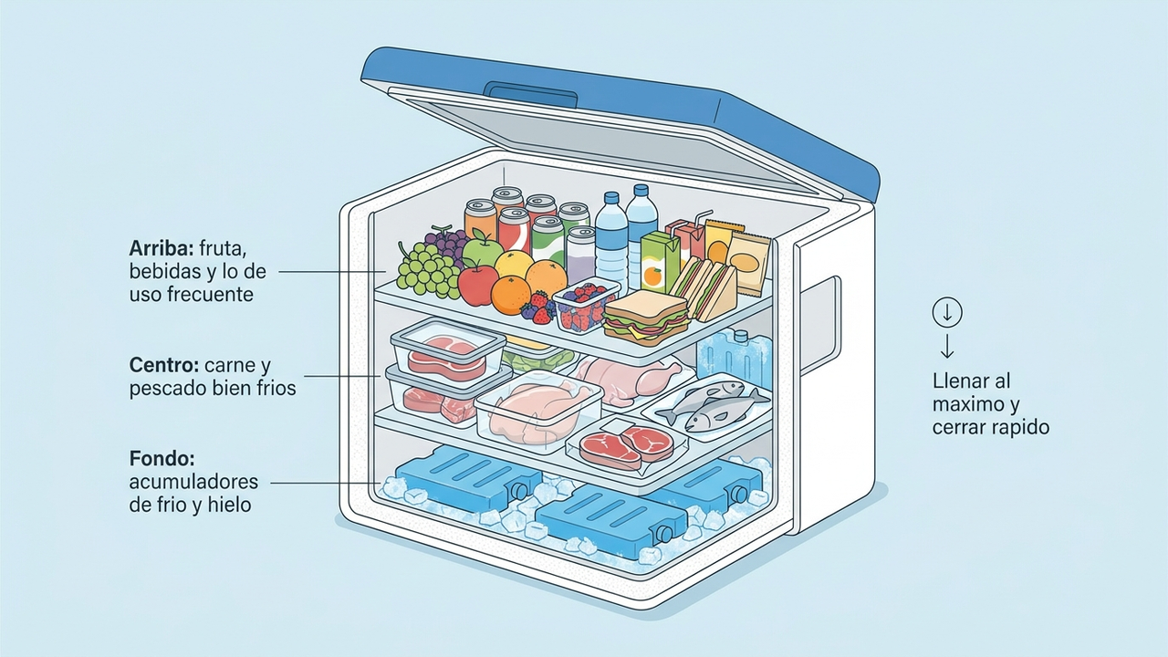 Diagrama en corte de una nevera portátil organizada por capas: acumuladores y hielo en el fondo, carne y pescado en el centro, fruta y bebidas arriba