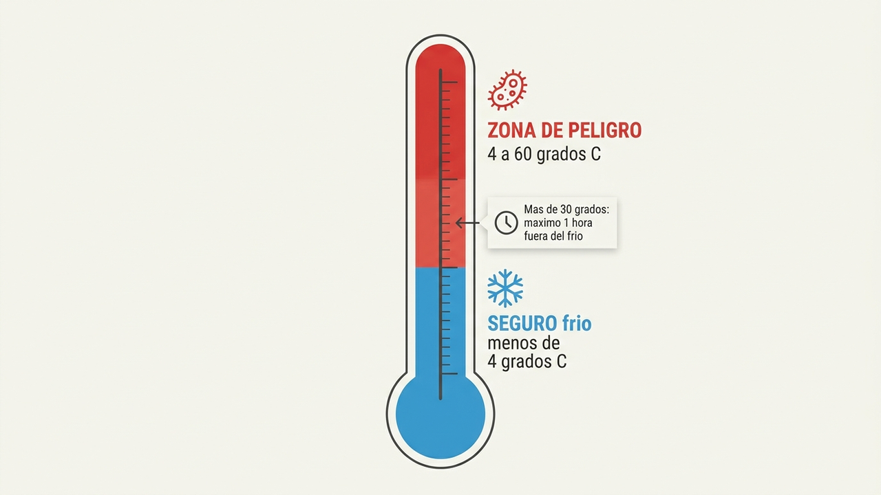 Escala de temperatura: zona de peligro entre 4 y 60 grados y zona segura de frío por debajo de 4 grados