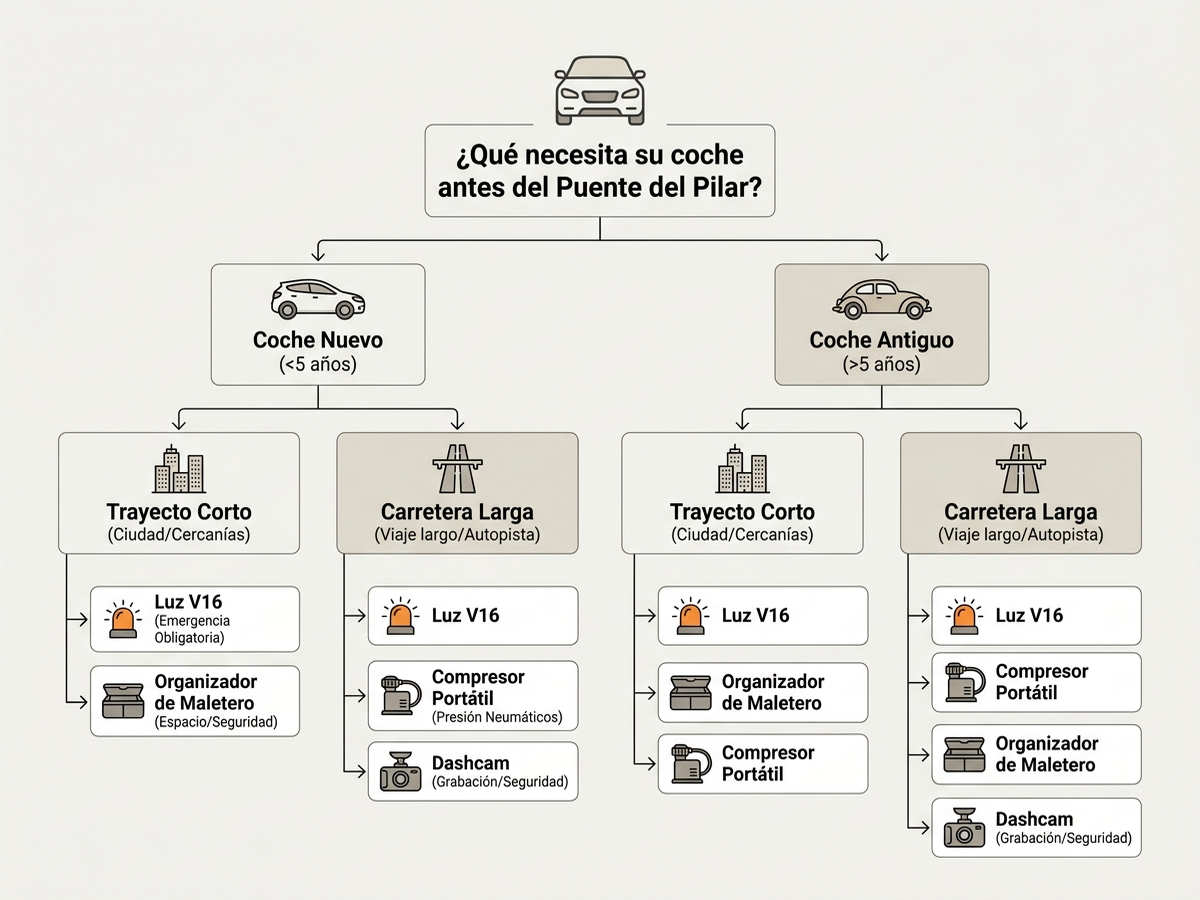 Árbol de decisión sobre qué accesorios necesita el coche según su antigüedad y el tipo de viaje antes del Puente del Pilar