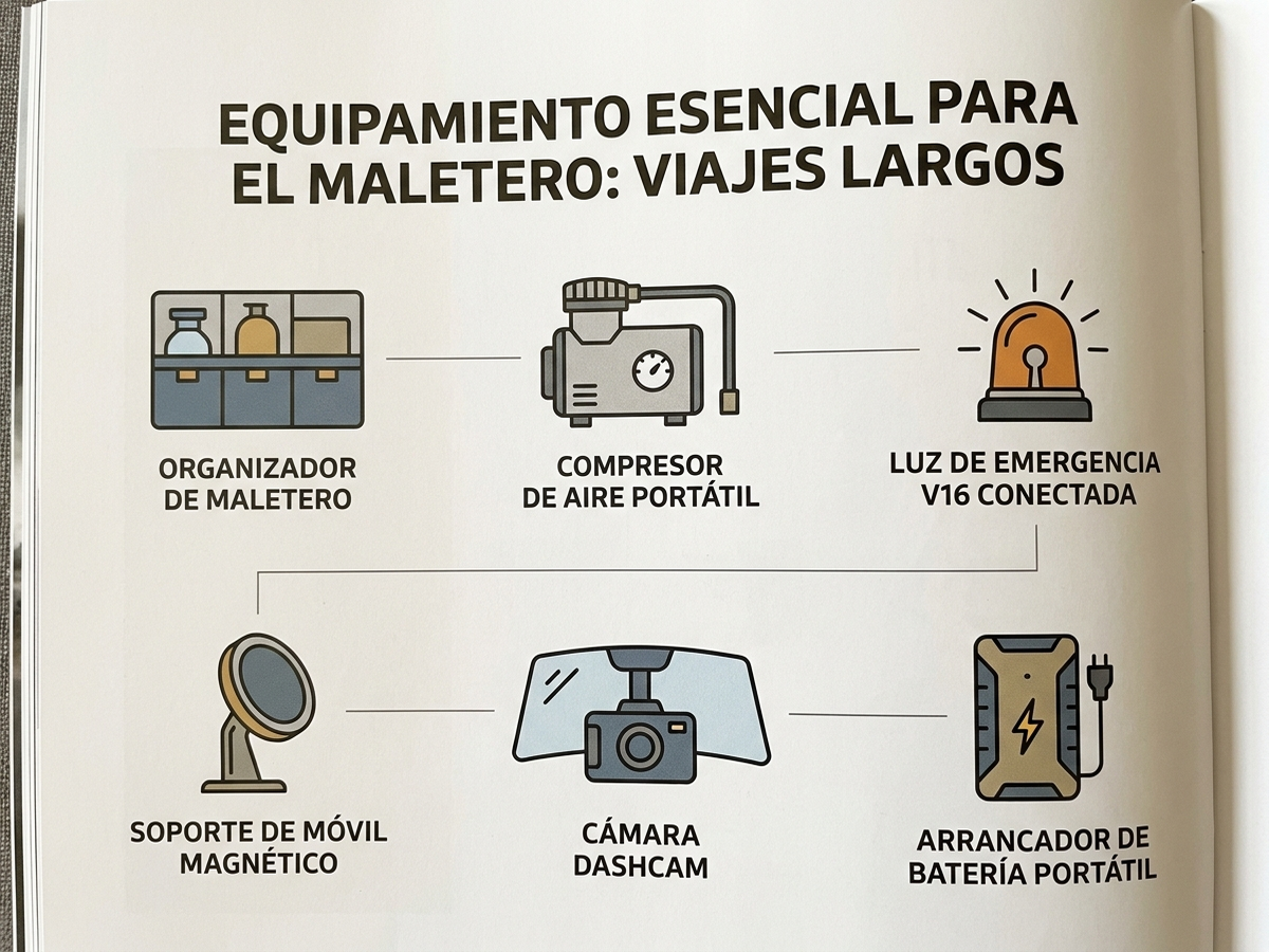Infografía con el equipamiento recomendado para el maletero: organizador, compresor, luz V16, soporte de móvil, dashcam y arrancador de batería