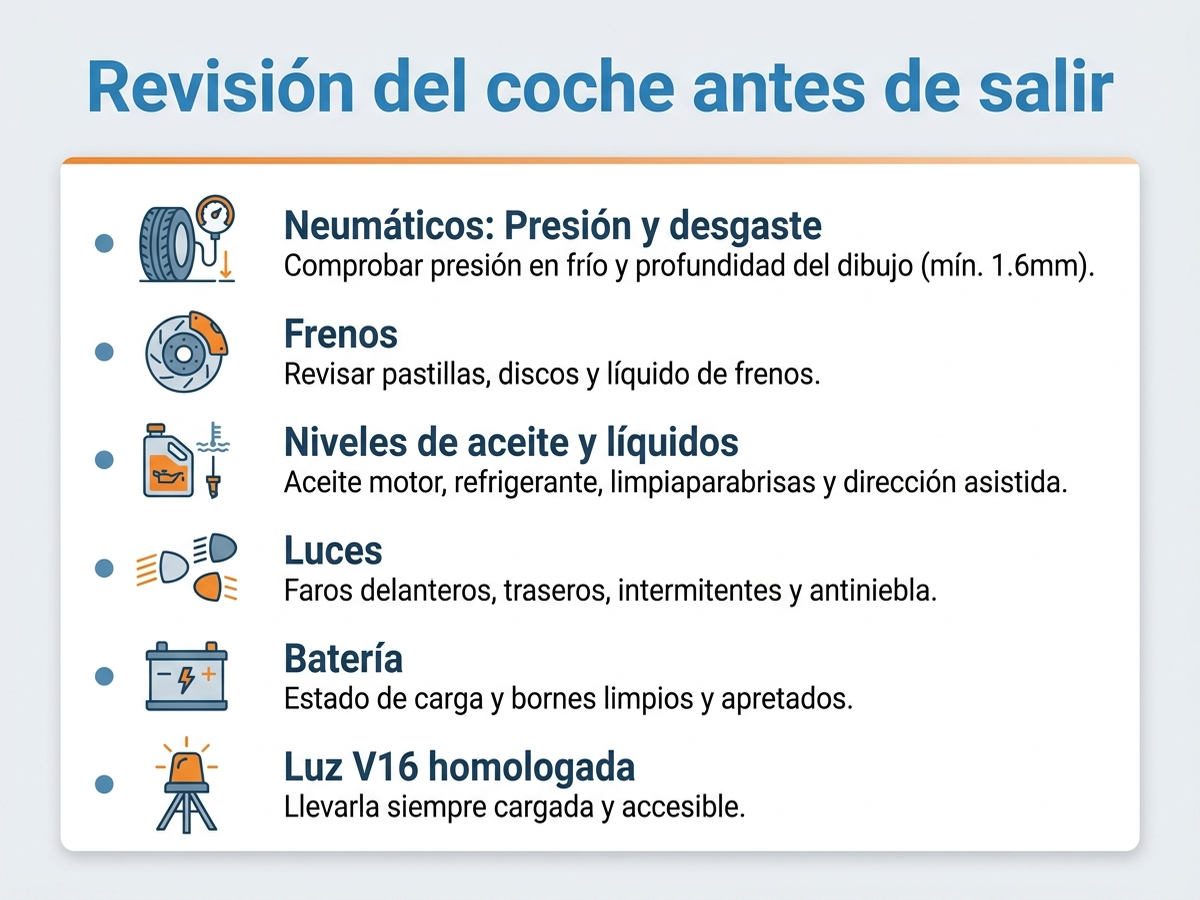 Infografía: checklist de revisión del coche antes de salir, con neumáticos, frenos, niveles, luces, batería y luz V16