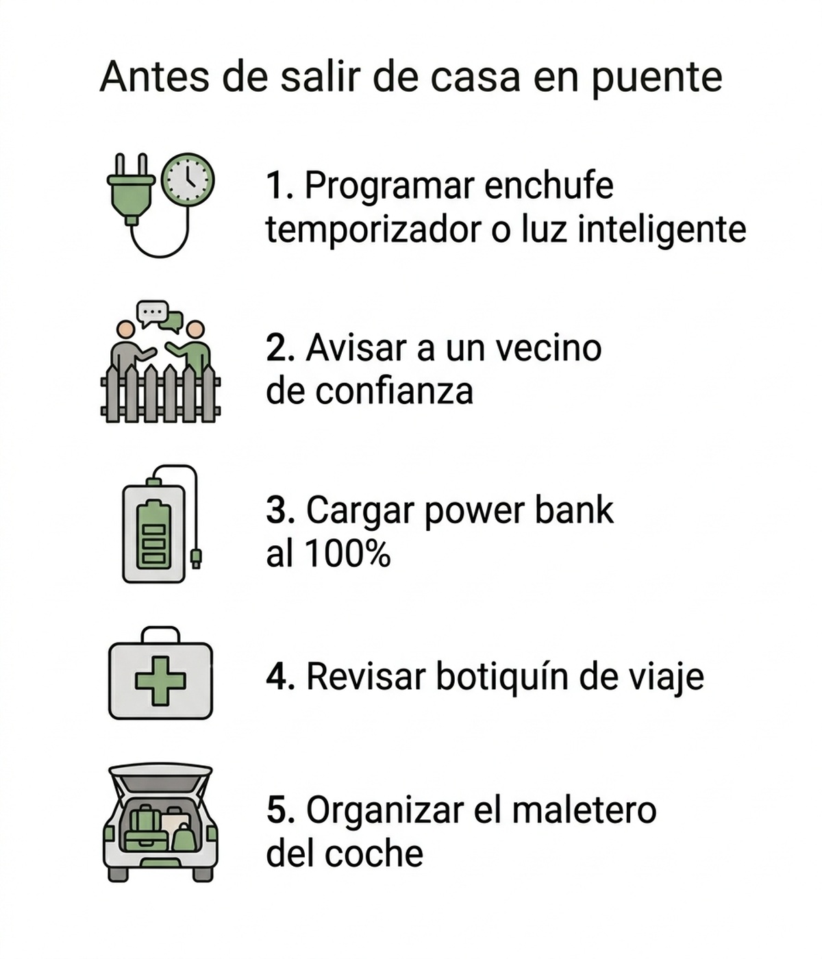 Checklist de cinco pasos antes de salir de casa en puente: programar enchufe temporizador o luz inteligente, avisar a un vecino de confianza, cargar el power bank al 100 por ciento, revisar el botiquín de viaje y organizar el maletero del coche