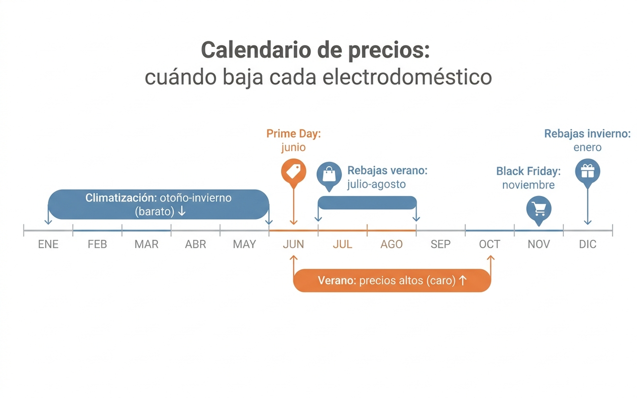 Calendario de precios anual en español que señala Prime Day en junio, rebajas de verano en julio-agosto, Black Friday en noviembre y rebajas de invierno en enero, y marca la climatización como más barata en otoño-invierno