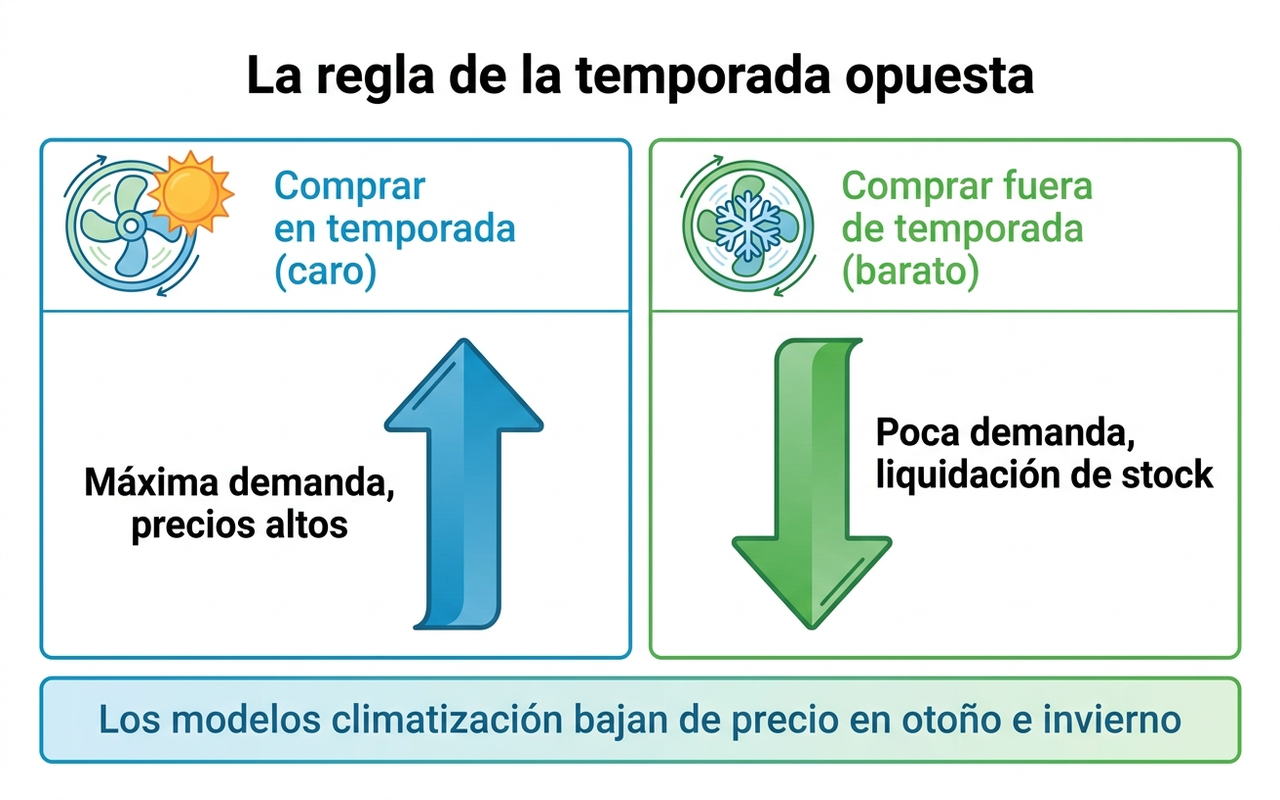 Infografía en español que contrapone comprar en temporada (máxima demanda, precios altos) frente a comprar fuera de temporada (poca demanda, liquidación de stock), con la conclusión de que la climatización baja de precio en otoño e invierno