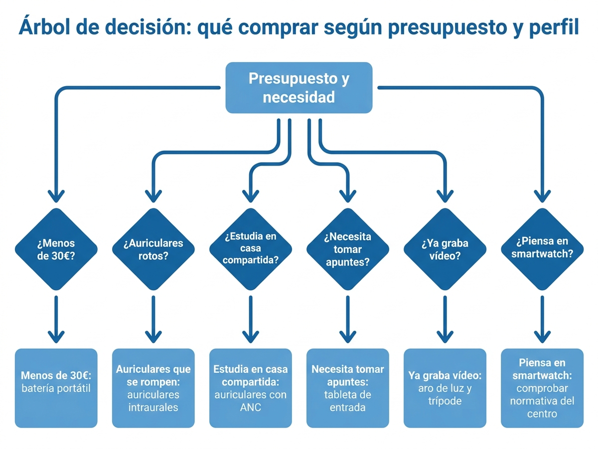 Árbol de decisión para elegir gadgets de vuelta al cole según presupuesto y si el adolescente ya usa cada tipo de dispositivo con frecuencia