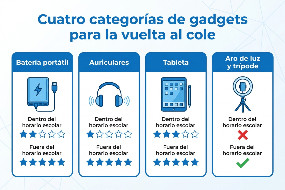 Infografía que compara cuatro categorías de gadgets para la vuelta al cole -batería portátil, auriculares, tableta y kit de creación de contenido- según su utilidad real dentro y fuera del horario escolar