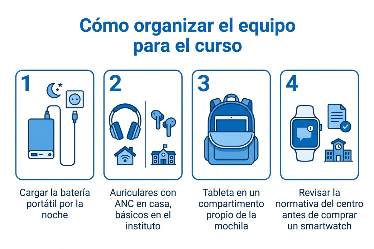 Guía de uso de los gadgets de vuelta al cole: cuándo cargar la batería portátil, cuándo usar auriculares con y sin cancelación de ruido, y dónde guardar la tableta entre clases