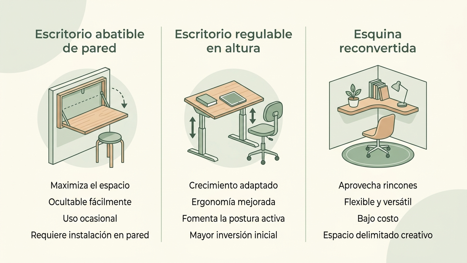 Infografía comparando tres enfoques de rincón de estudio infantil: escritorio abatible de pared que se pliega tras su uso, escritorio regulable en altura con tablero inclinable, y esquina reconvertida con estantería y silla móvil