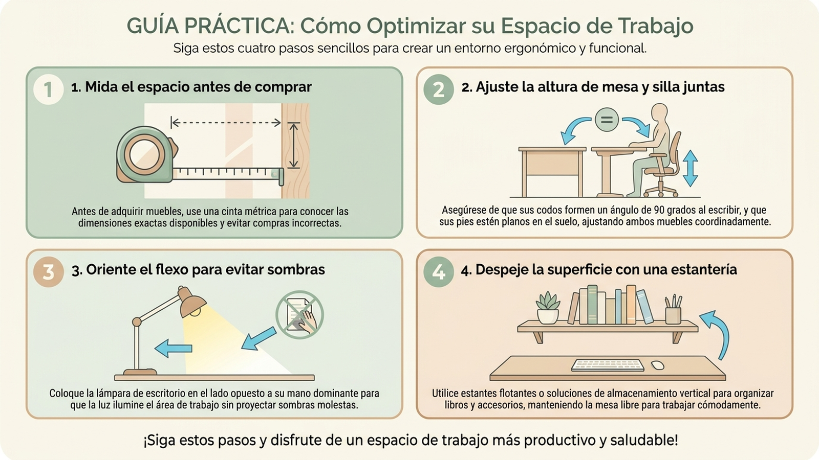 Guía en cuatro pasos para montar un rincón de estudio infantil: medir el hueco disponible antes de comprar, ajustar la altura de mesa y silla juntas, orientar el flexo para evitar sombras y reflejos, y despejar la superficie con estantería auxiliar