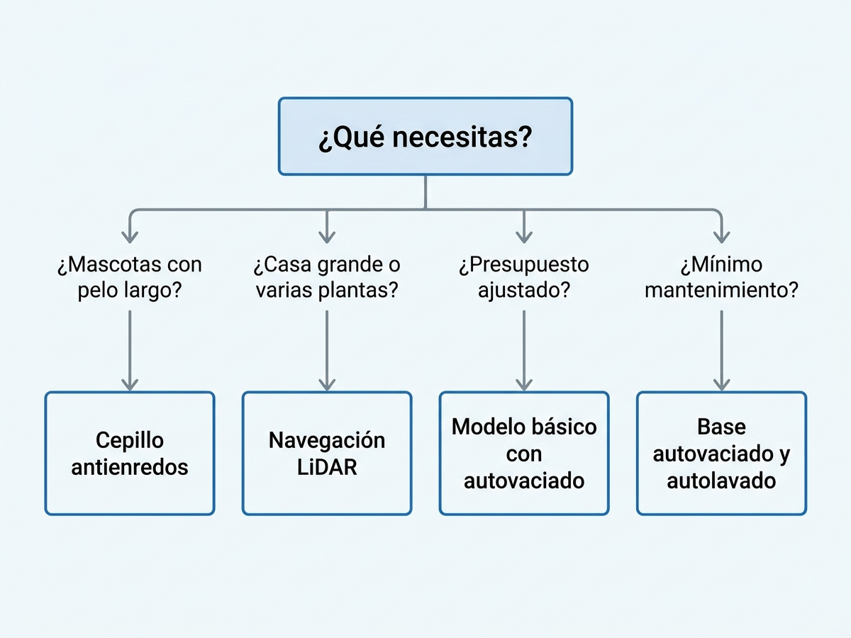 Árbol de decisión en español para elegir un robot aspirador según presupuesto y necesidad: mascotas y pelo largo, varias plantas o casa grande, presupuesto ajustado o máximo mantenimiento automatizado