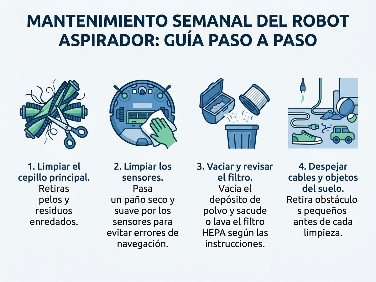 Diagrama en español con el paso a paso de mantenimiento semanal de un robot aspirador: revisar cepillo principal, limpiar sensores, vaciar filtro y despejar cables del suelo