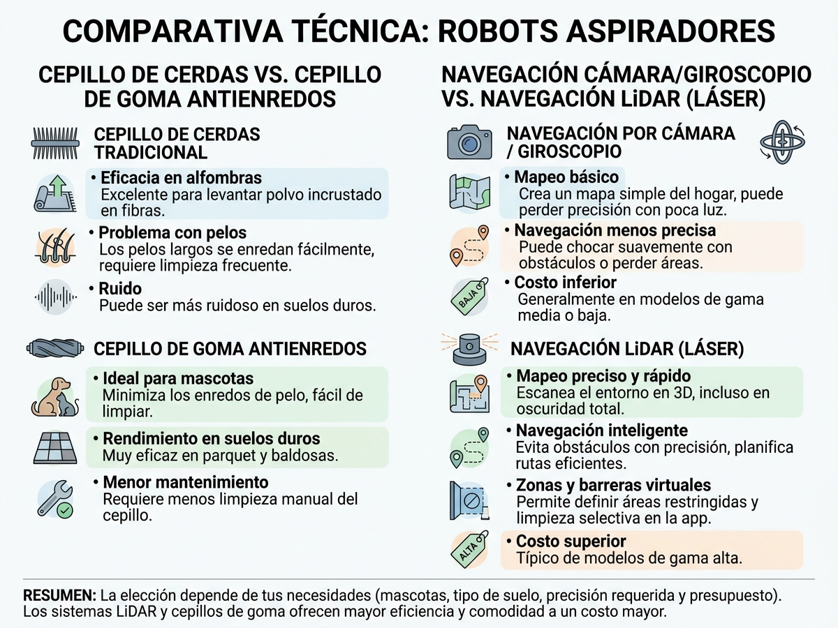 Infografía en español que compara cinco enfoques de sensores y cepillos de robots aspiradores: cerdas convencionales, cepillo de goma antienredos, navegación por giroscopio, LiDAR y cámara con IA para evitar obstáculos