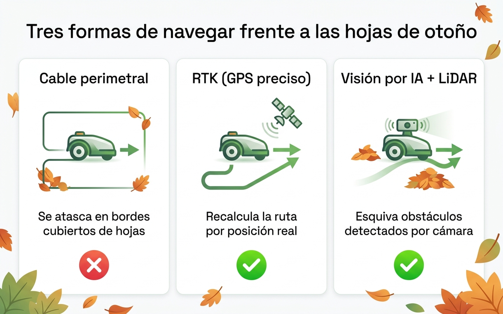 Comparativa de los tres enfoques de navegación frente a hojas de otoño