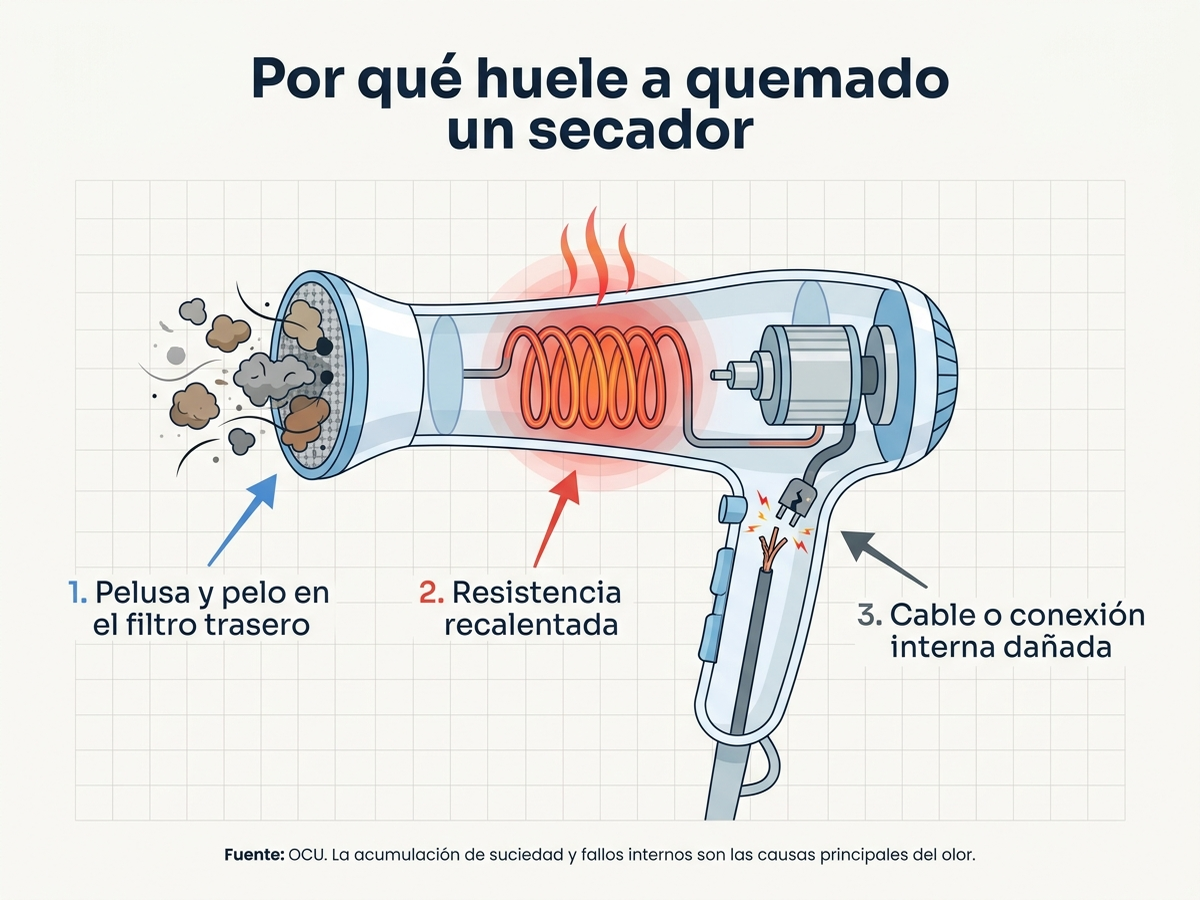 Infografía en español con el corte de un secador que señala tres causas del olor a quemado: pelusa en el filtro trasero, resistencia recalentada y cable interno dañado