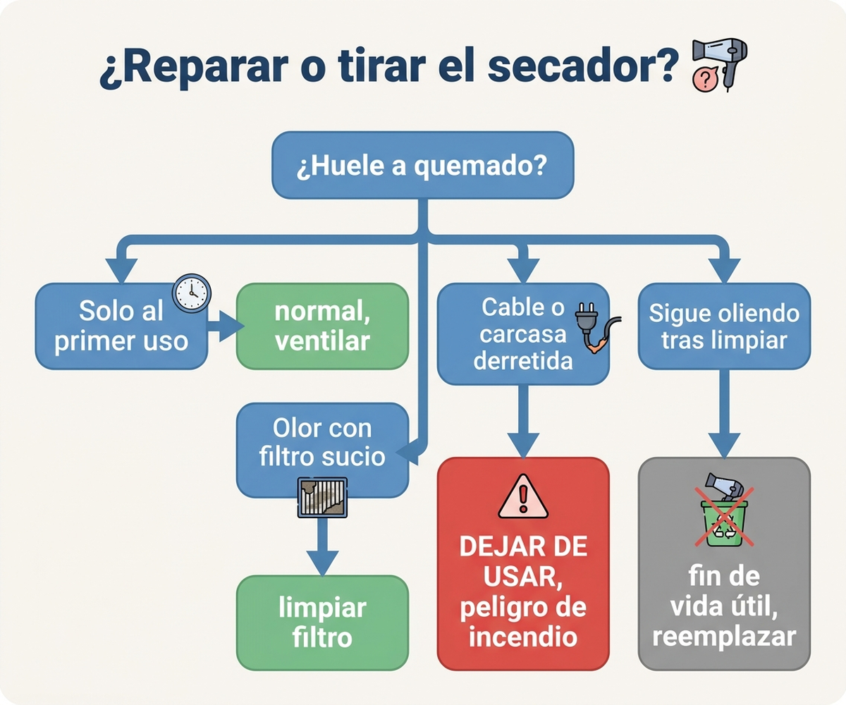 Árbol de decisión en español para decidir si reparar o tirar el secador según el tipo de olor y las señales de peligro
