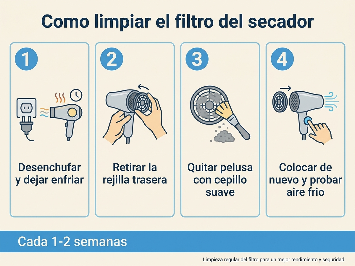 Infografía en español con cuatro pasos para limpiar el filtro del secador: desenchufar y enfriar, retirar la rejilla, quitar la pelusa con un cepillo y volver a montar