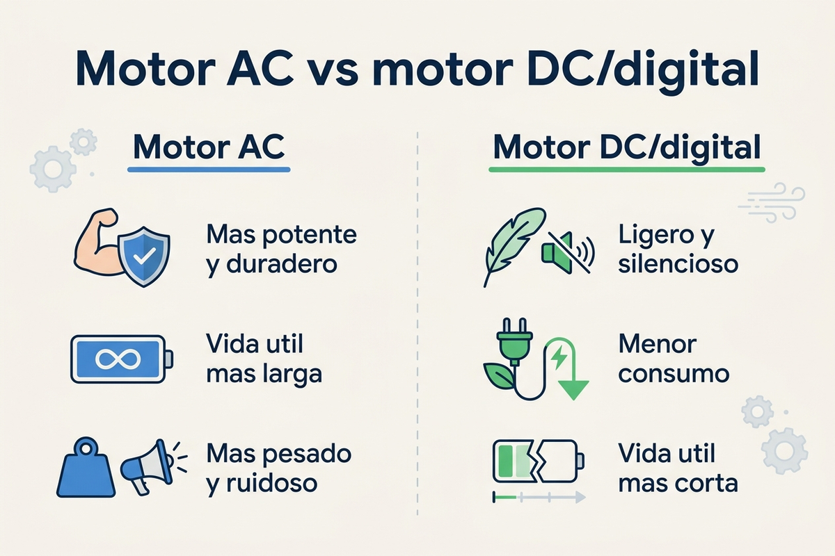 Infografía comparativa en español entre motor AC y motor DC/digital de secador, con ventajas de durabilidad, peso, consumo y vida útil