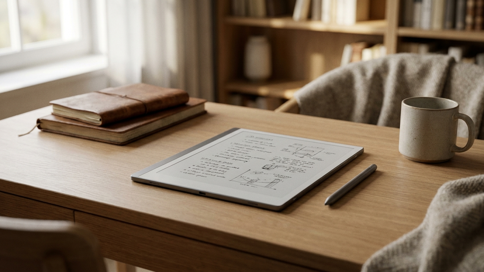 Tableta de tinta electrónica con un lápiz stylus apoyada sobre un escritorio de estudio minimalista con luz natural suave