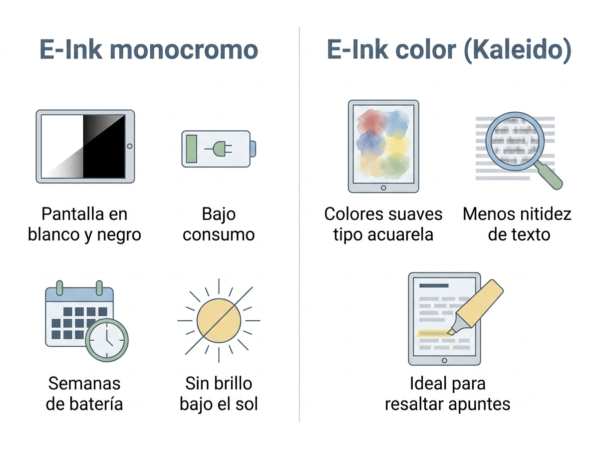Infografía comparando la tecnología E-Ink monocromo, con bajo consumo y semanas de batería, frente a la E-Ink color Kaleido con colores suaves tipo acuarela