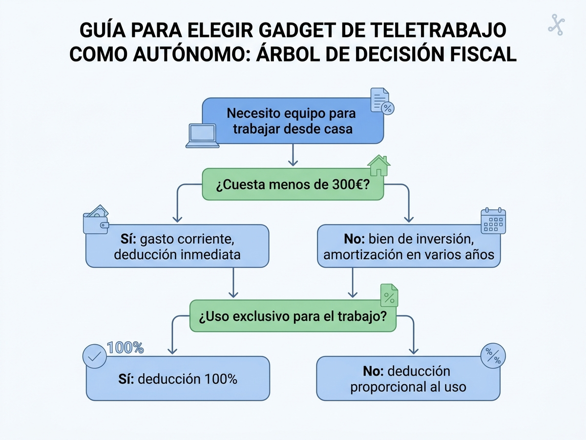 Diagrama de flujo en español con árbol de decisión para elegir un gadget de teletrabajo según su precio y uso, distinguiendo gasto corriente de bien de inversión y deducción total o proporcional