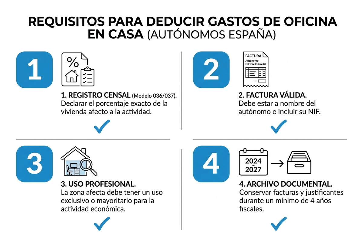 Infografía checklist en español con cuatro requisitos para deducir gastos de oficina en casa: declarar el porcentaje de vivienda en el modelo 036, factura a nombre del autónomo, uso exclusivo para la actividad y conservar la factura varios años