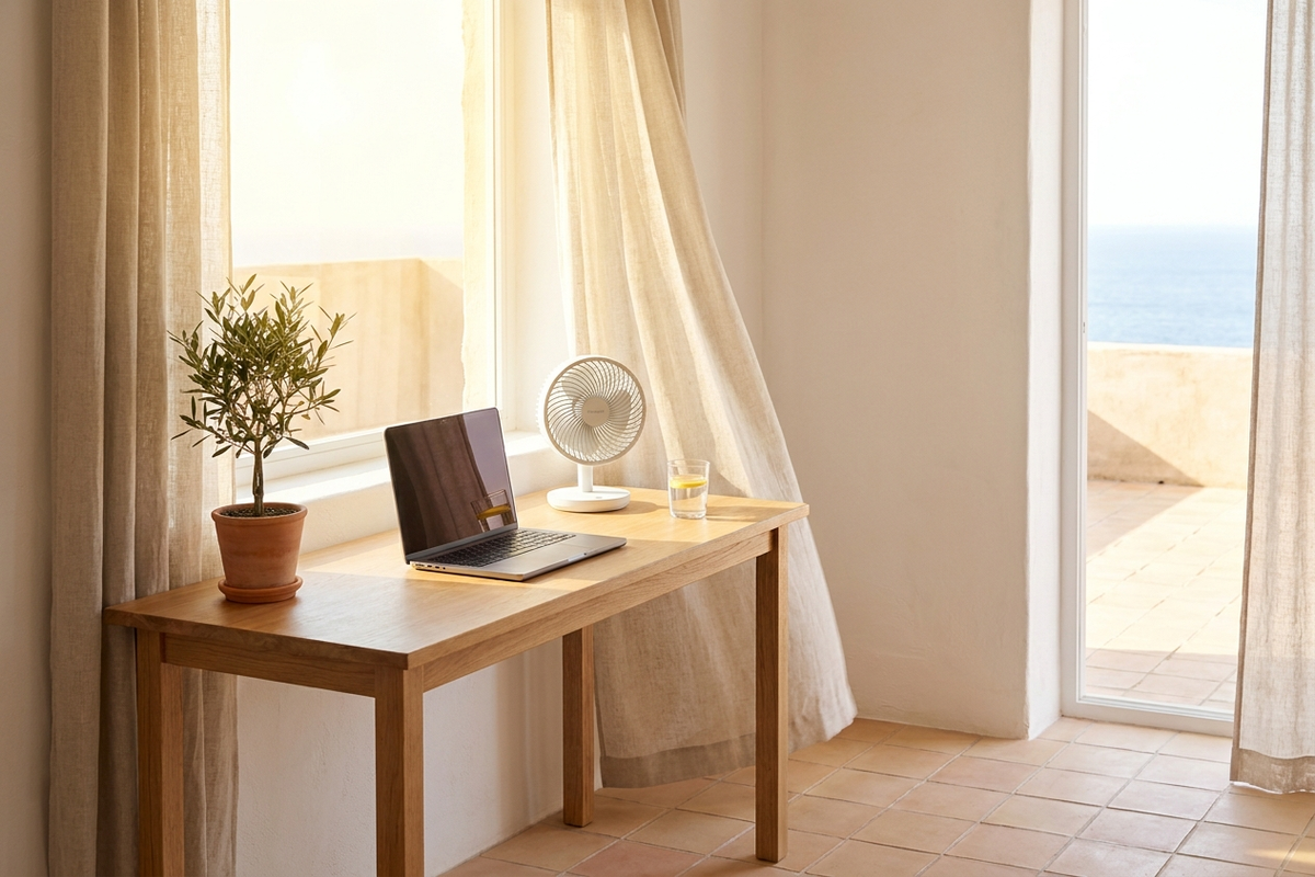 Escritorio de teletrabajo junto a una ventana luminosa de verano, con portátil y un ventilador de sobremesa en un piso pequeño